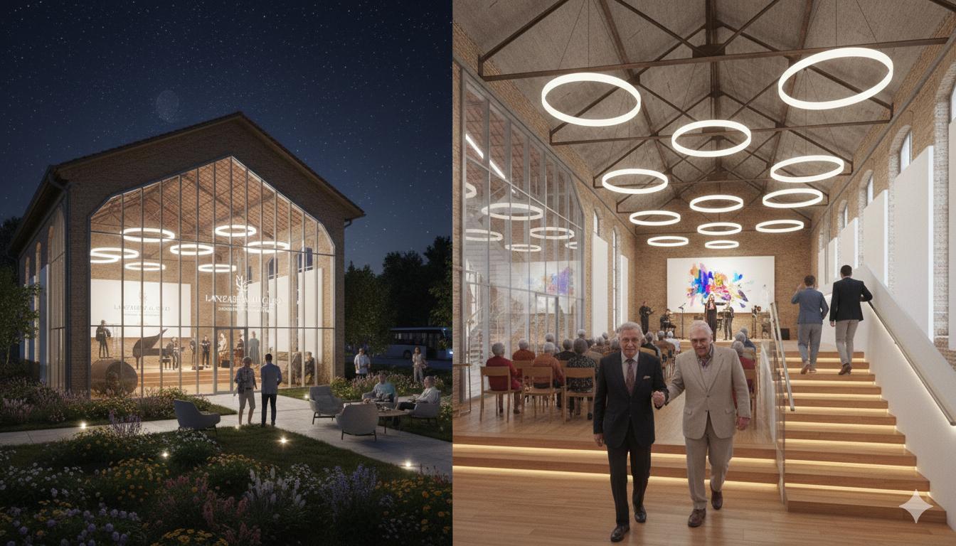 Architectural render: exterior night view and interior with elderly visitors