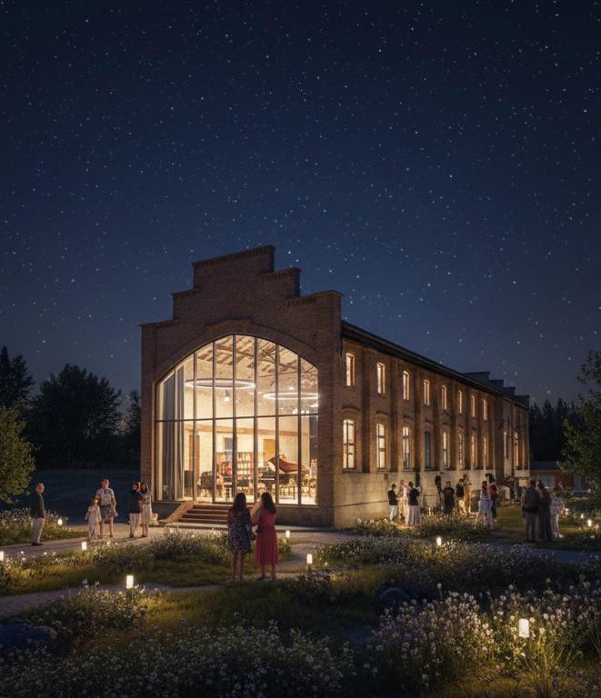 Night render: glass facade with piano visible, people gathered under starry sky