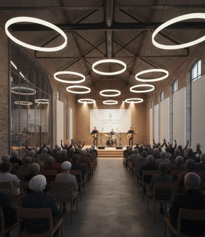Interior render: elderly worship concert with band on stage, ring lights on ceiling